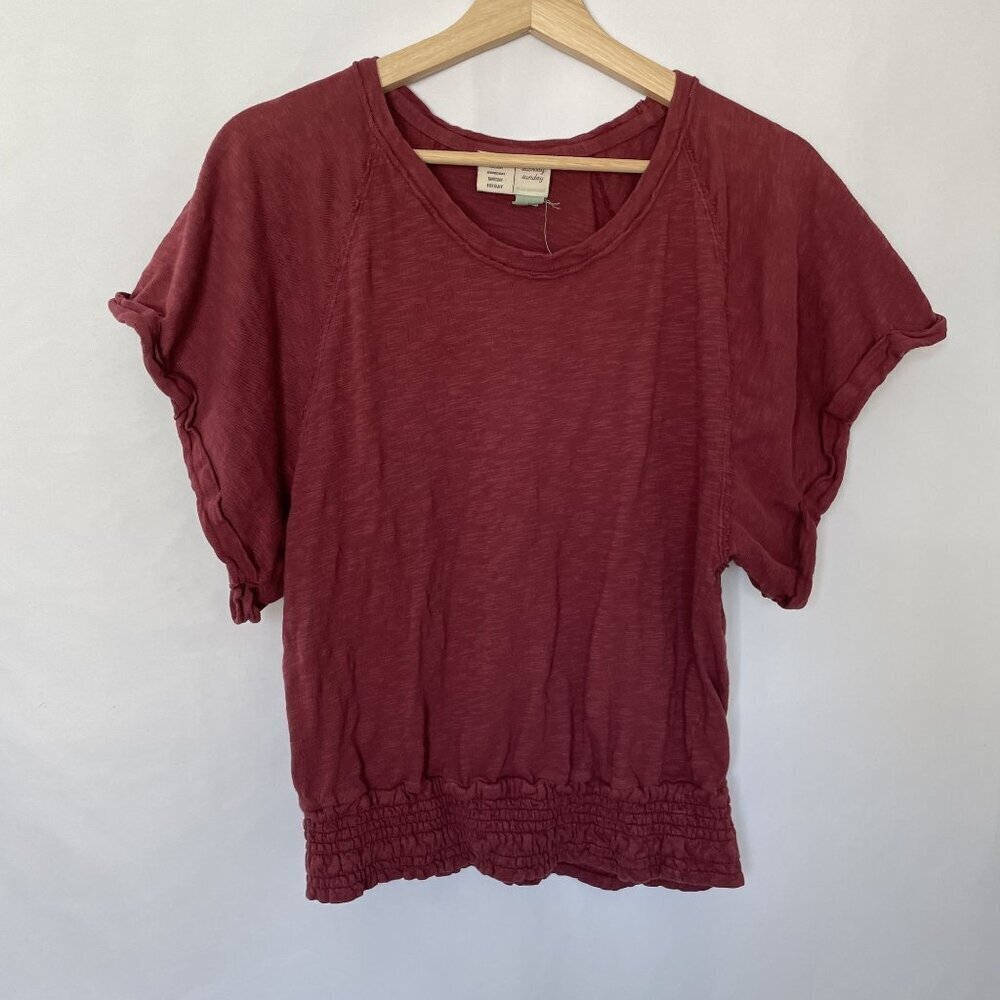 Anthropologie Saturday/Sunday Burgundy Smocked Hem Short Sleeve Top Size S